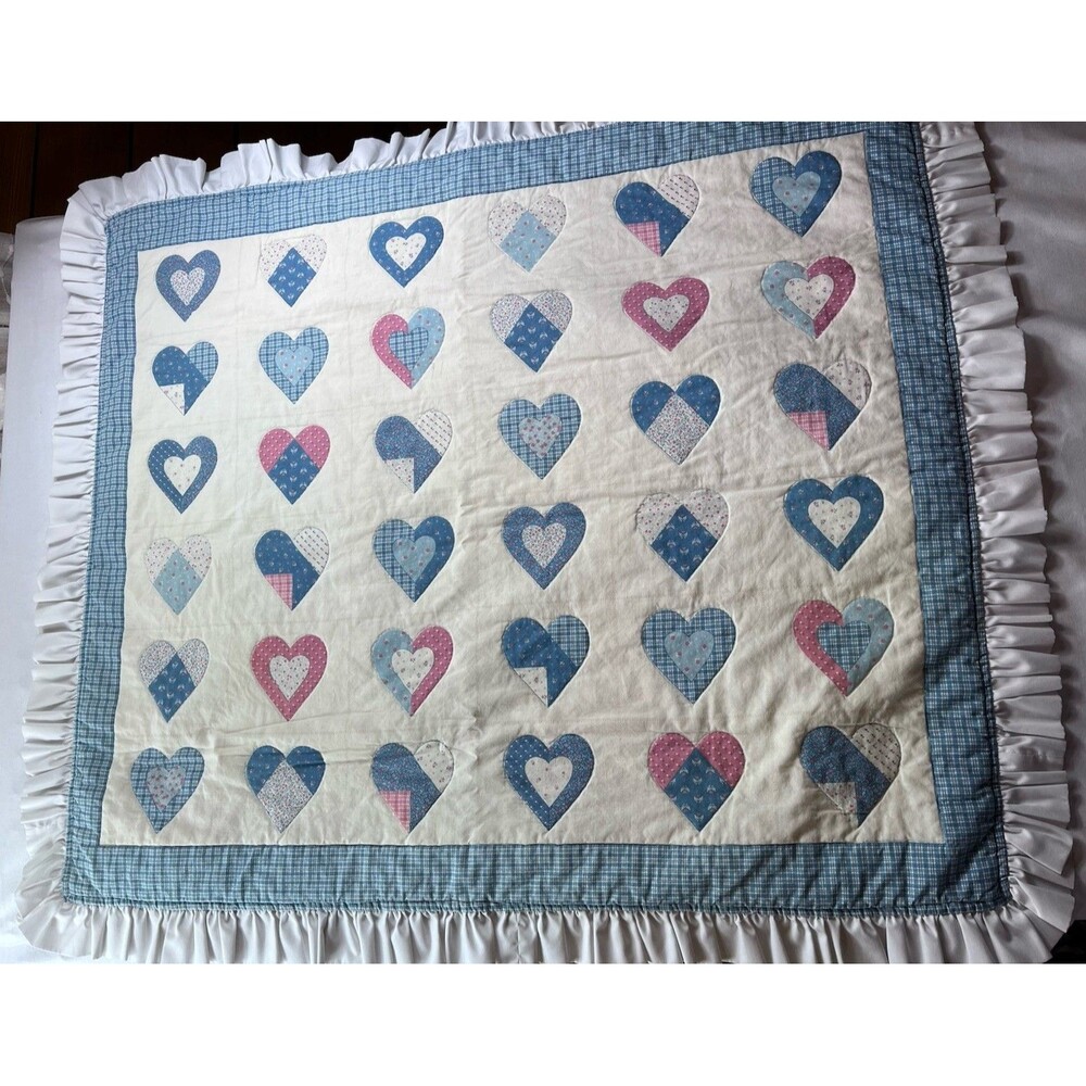 VTG 90s Handmade Heart Quilt Lap Blanket Blue Pink Ruffle Cottagecore Grannycore